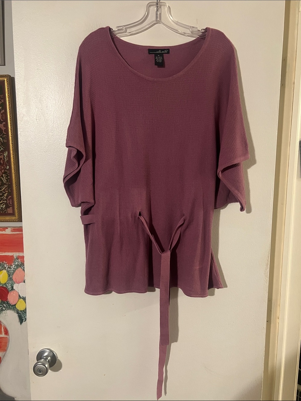 Willi Smith mauve textured short sleeve sweater with self tie waist.